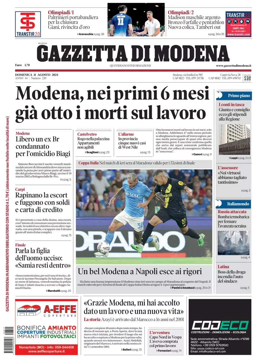 Prima-pagina-gazzetta di modena-oggi-edizione-del-2024-08-11